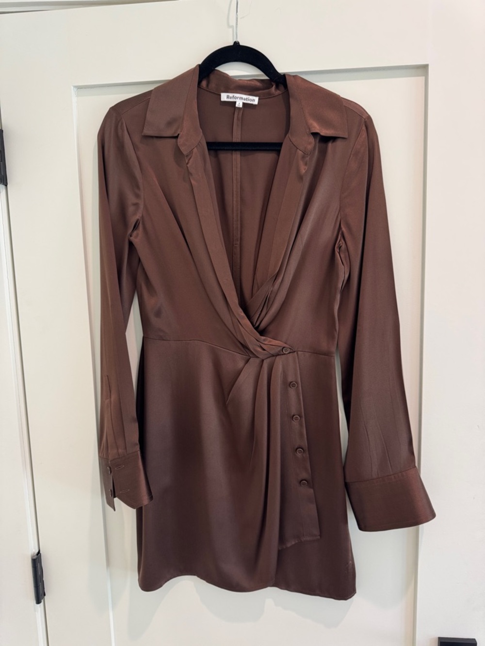 Reformation Chocolate Brown Satin Wrap Long Sleeve Dress